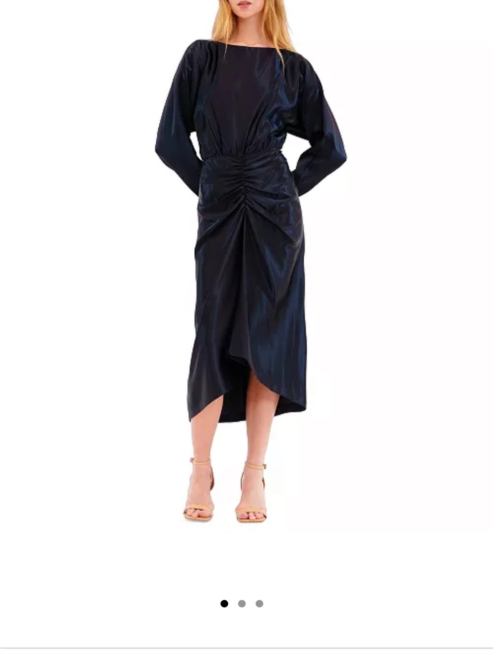 Maeve pink purple Ruched Satin Midi dress